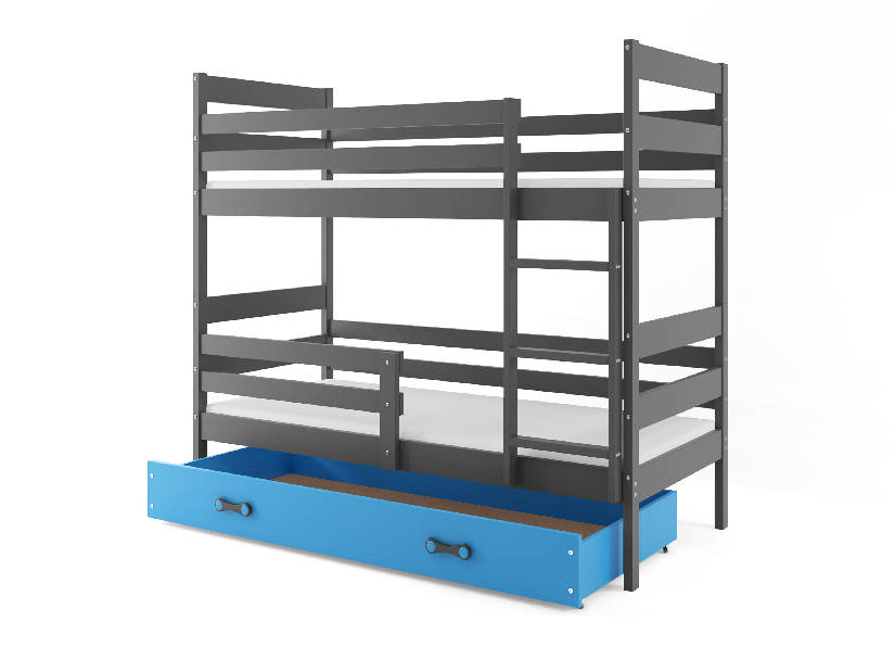 Patrová postel 80 x 190 cm Eril B (grafit + modrá) (s rošty, matracemi a úl. prostorem)