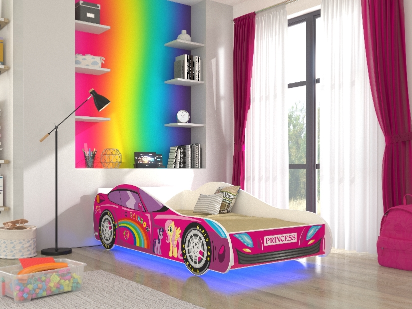Dětská postel 160x780 cm Závodníka (s roštem a matrací) (růžová)