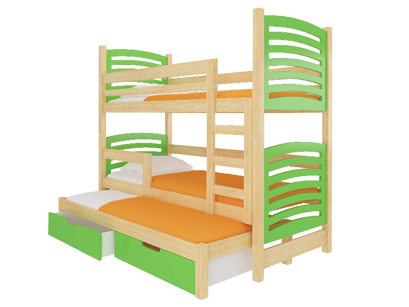 Patrová dětská postel 180x75 cm Stanislava (s roštem a matrací) (borovice + zelená)