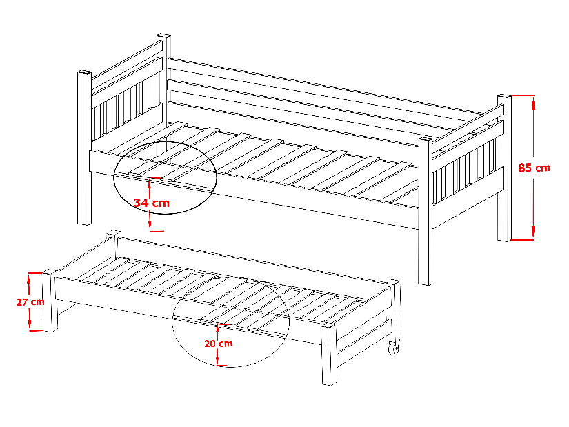 Dětská postel 90 cm DANNY (s roštem a úl. prostorem) (borovice)