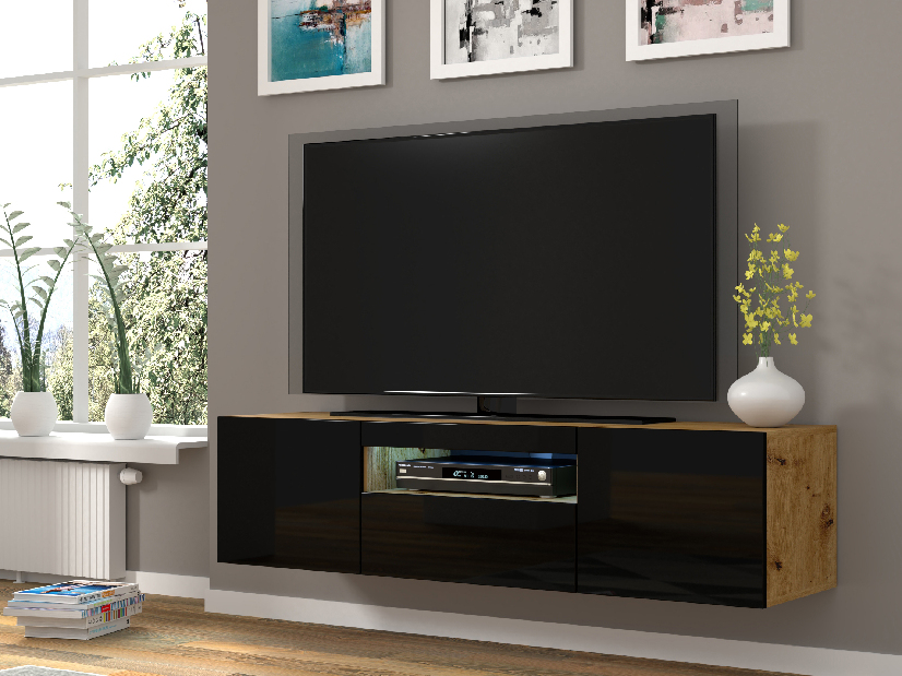 TV stolek/skříňka Aurora (dub artisan + černá) (LED)
