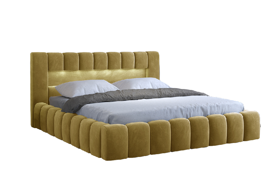 Manželská postel 160 cm Luxa (hořčicová) (s roštem, úl. prostorem a LED)