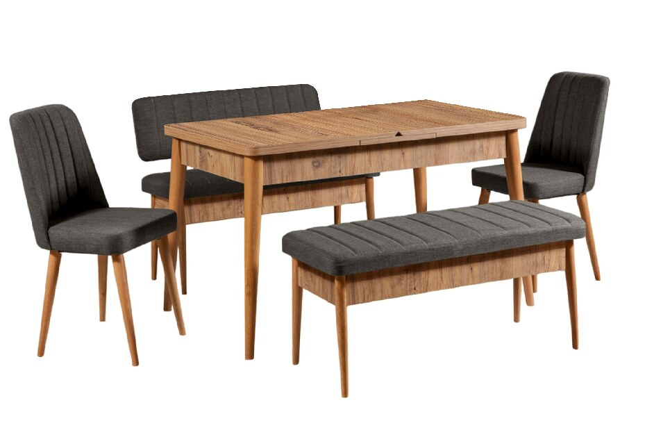 Rozkládací jídelní stůl se 2 židlemi a 2 lavicemi Vlasta (borovice antlantic + antracit)
