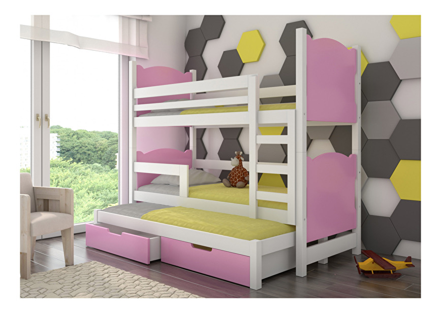 Patrová dětská postel 180x75 cm Lukrece (s roštem a matrací) (bílá + růžová)