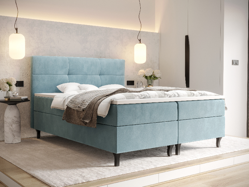 Manželská posteľ Boxspring 180 cm Lumba (sivomodrá) (s matracom a úložným priestorom)