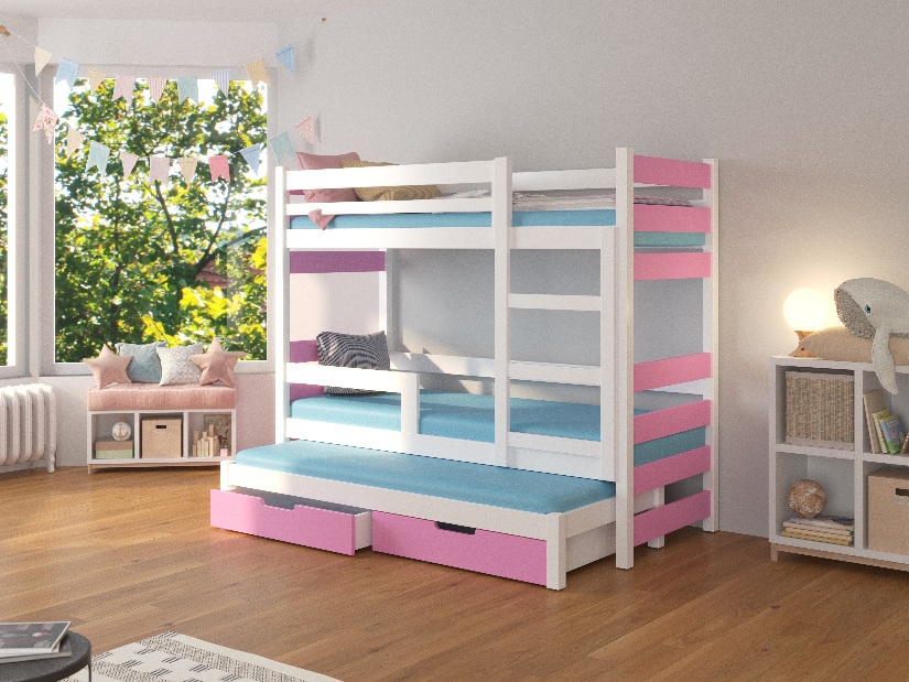 Patrová dětská postel 180x75 cm Karin (s roštem a matrací) (bílá + růžová)