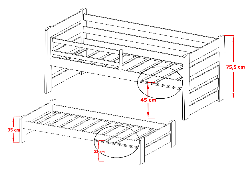 Dětská postel 80 cm SIMO (s roštem a úl. prostorem) (buk)