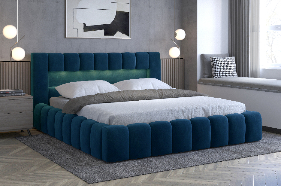 Manželská postel 160 cm Luxa (tmavě modrá) (s roštem, úl. prostorem a LED)