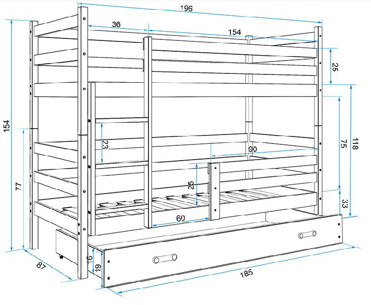 Patrová postel 80 x 190 cm Eril B (bílá + modrá) (s rošty, matracemi a úl. prostorem)