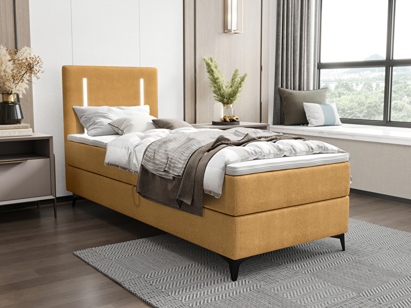 Jednolůžková postel 90 cm Ortega Comfort (hořčicová) (s roštem a matrací, s úl. prostorem) (s LED osvětlením)