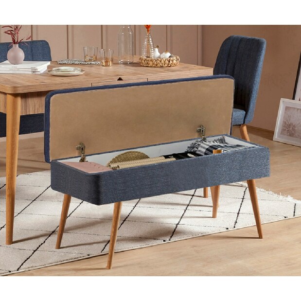 Rozkládací jídelní stůl se 2 židlemi a 2 lavicemi Vlasta (borovice antlantic + tmavě modrá)