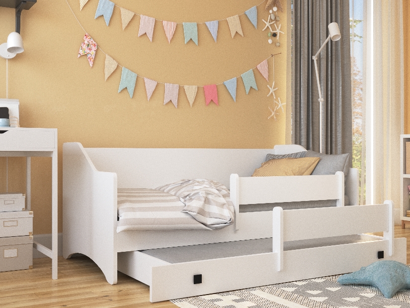 Rozkládací dětská postel 160x80 cm Naty II (s roštem a matrací) (bílá + šedá)