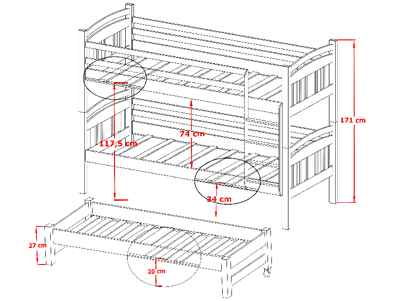 Dětská postel 90 cm IVA (s roštem a úl. prostorem) (borovice)