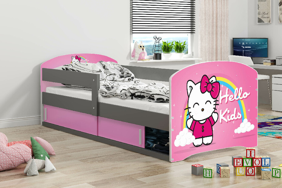 Dětská postel 80 x 160 cm Lukan (grafit + vzor hello kids) (s roštem, matrací a úl. prostorem)