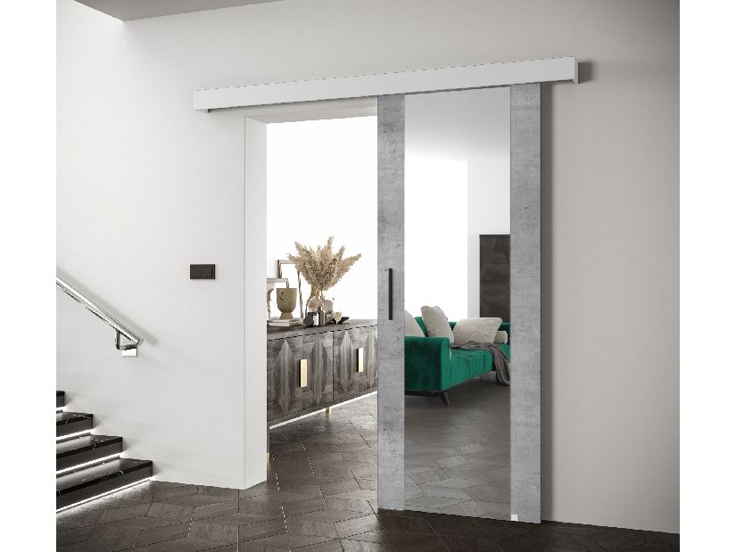 Posuvné dveře 90 cm Sharlene II (beton světlý + bílá matná + černá) (se zrcadlem)