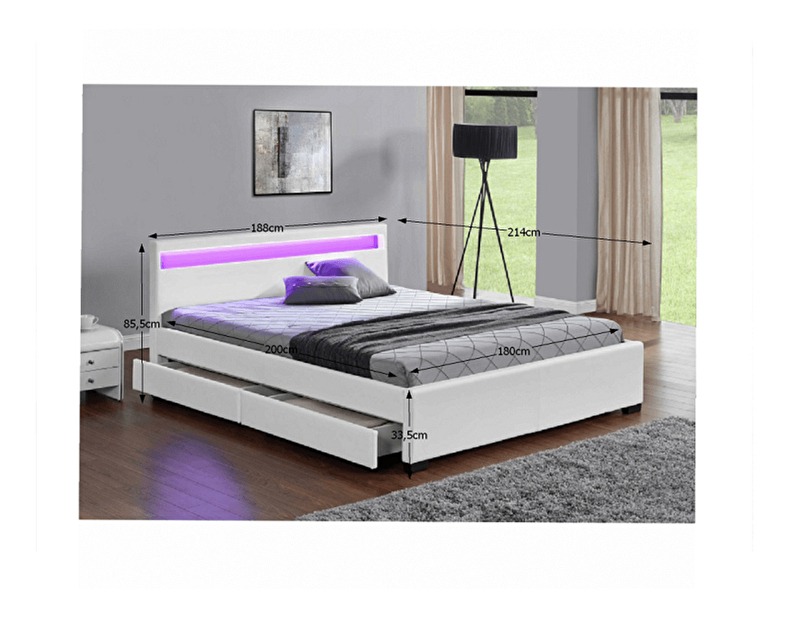 Manželská postel 180 cm Miss (s roštem, osvětlením a úl. prostorem) (bílá) *výprodej