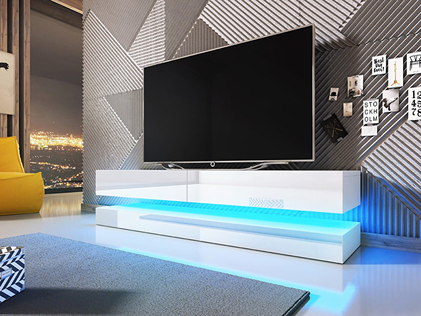 TV stolek/skříňka Valentino 140 (s modrým LED osvětlením) (bílá + lesk bílý) *výprodej