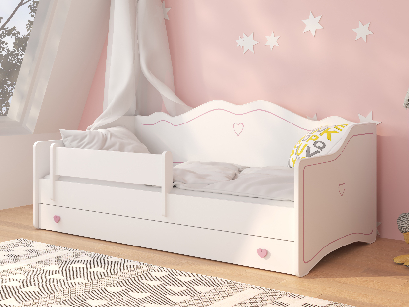 Dětská postel 160x80 cm Ester I (s roštem a matrací) (bílá + růžová + vzor)