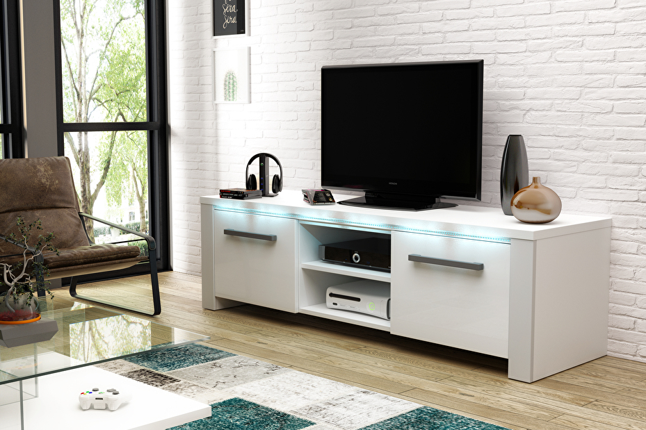 TV stolek/skříňka Marilee (bílá matná + bílý lesk)