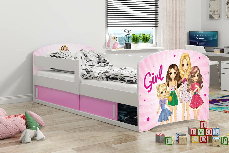 Dětská postel 80 x 160 cm Lukan (bílá + vzor girls) (s roštem, matrací a úl. prostorem)