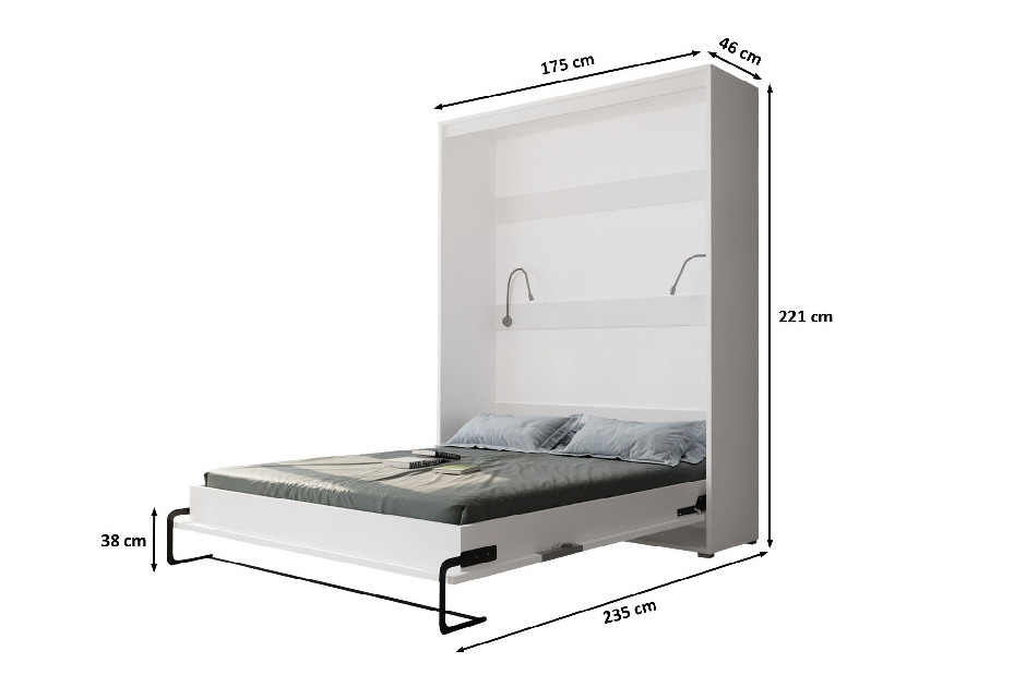 Sklapovací postel 160 Homer (bílá matná + lesklá bílá) (vertikální) (s osvětlením)