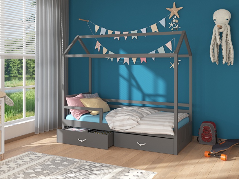 Dětská postel 200x90 cm Rosie II (s roštem a matrací) (grafit)