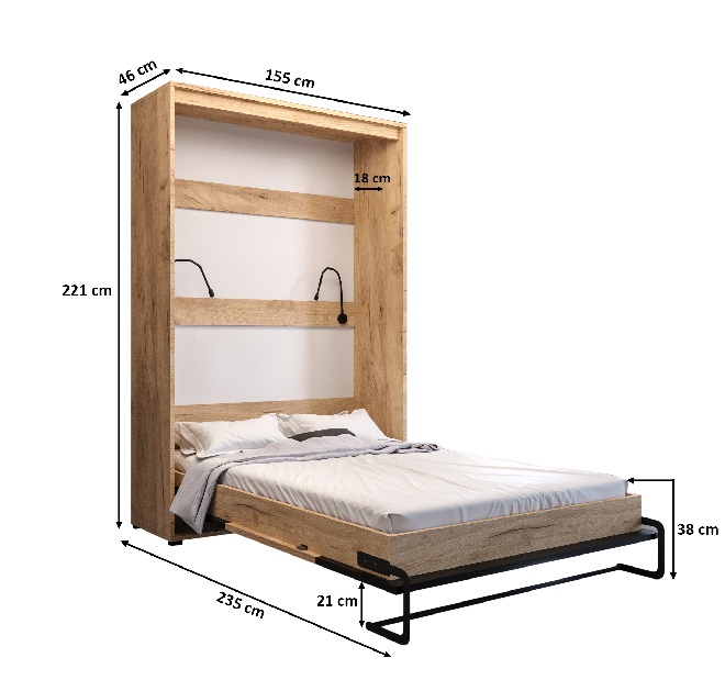 Sklapovací postel 140 Cassie (craft zlatý + černá matná) (vertikální) (s osvětlením)