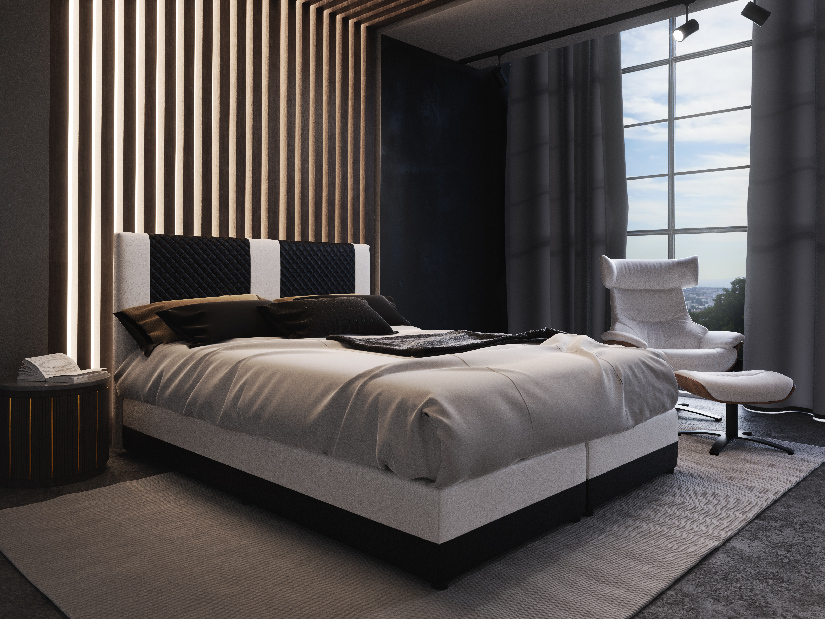 Kontinentální postel 140 cm Pecos Comfort (ekokůže + černá + bílá) (s matrací a úložným prostorem)