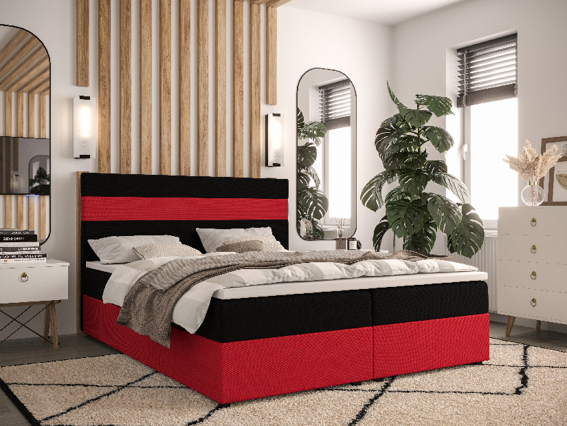 Manželská postel Boxspring 140 cm Locos (tmavě hnědá + červená) (s matrací a úložným prostorem)