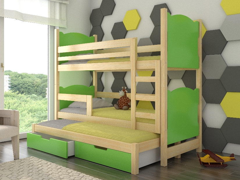 Patrová dětská postel 180x75 cm Lukrece (s roštem a matrací) (borovice + zelená)