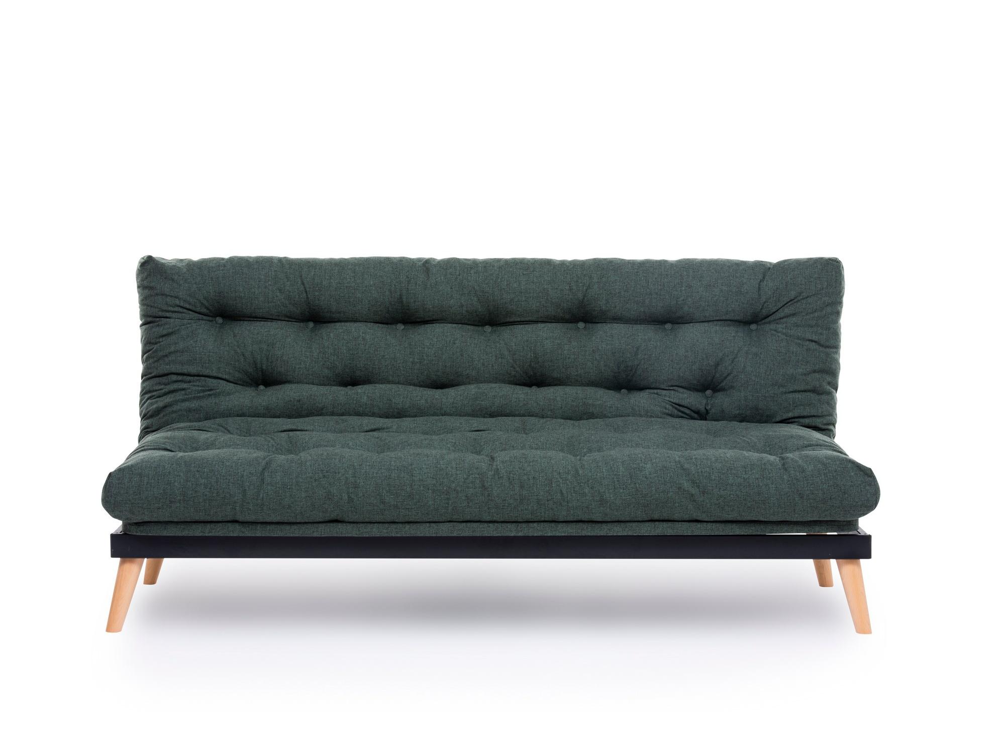 Rozkládací pohovka Sakotta (zelená + dřevo)