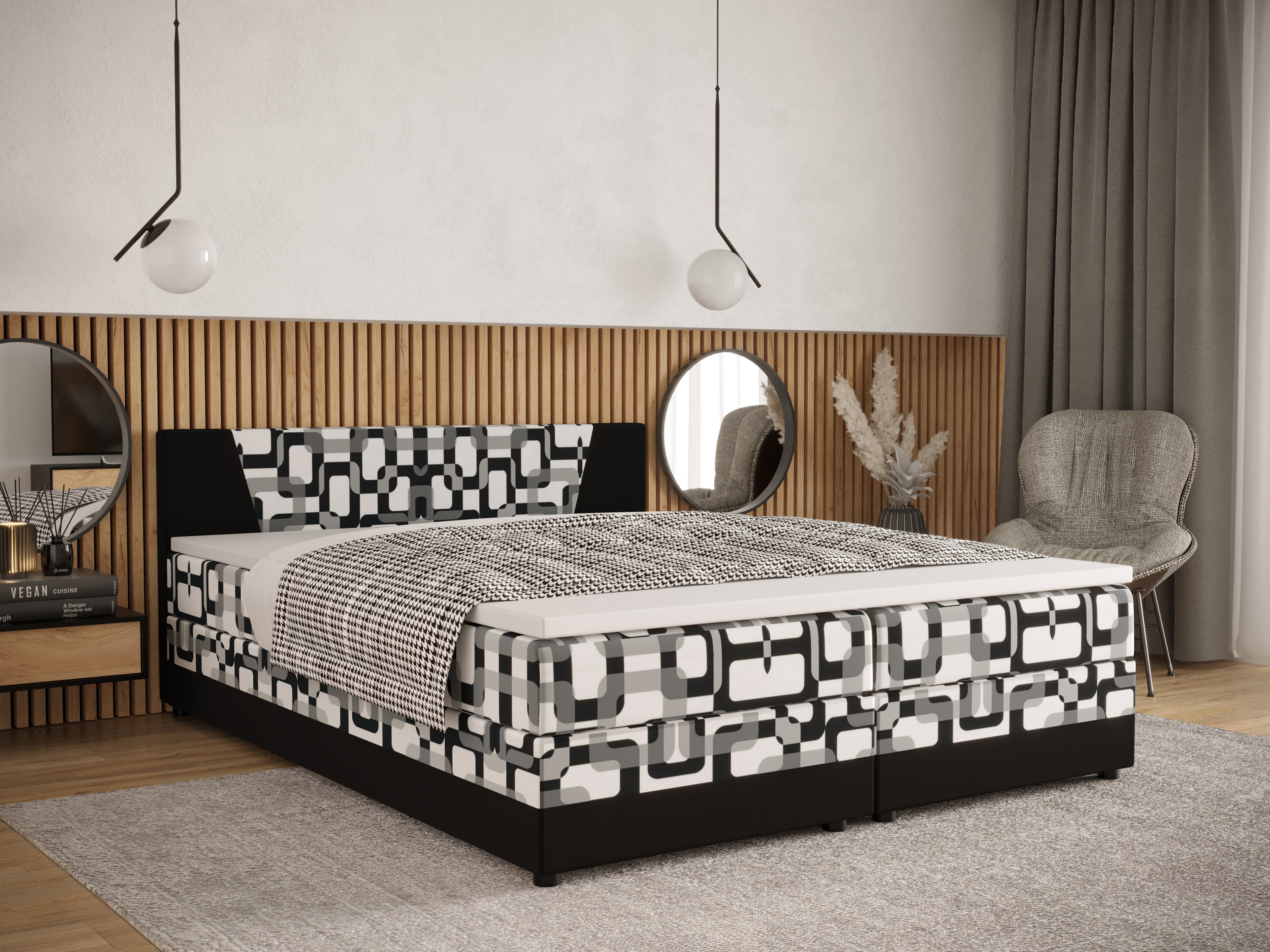 Manželská postel Boxspring 180 cm Linda (vzor + černá) (s matrací a úložným prostorem)