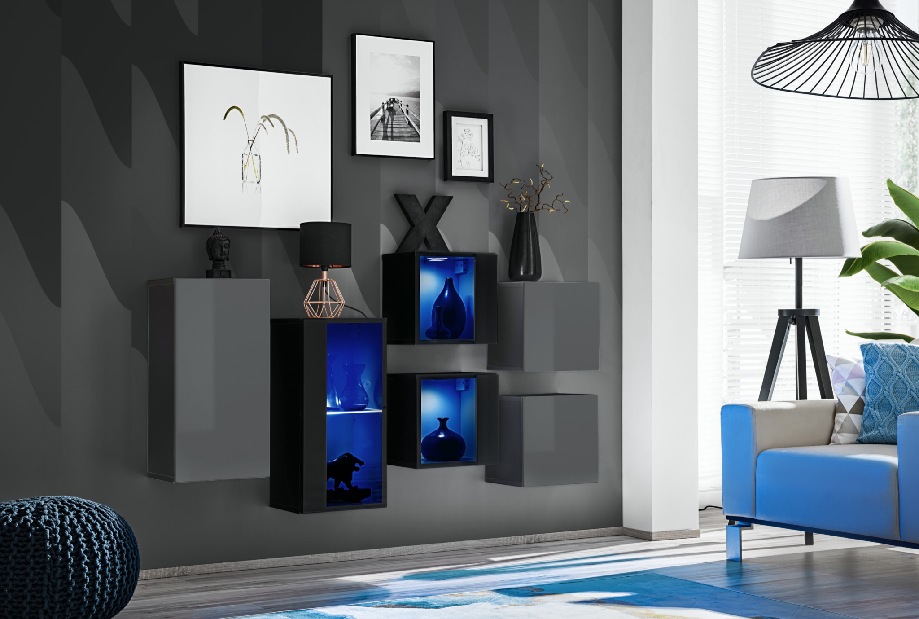 Obývací stěna Shelly 27 GZ SW SB4 (grafit matný + grafit lesklý + černá matná + černá lesklá)