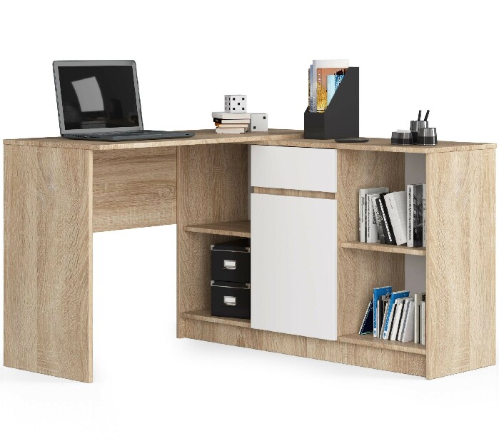 Rohový PC stolek Cuidar (dub sonoma + bílá)