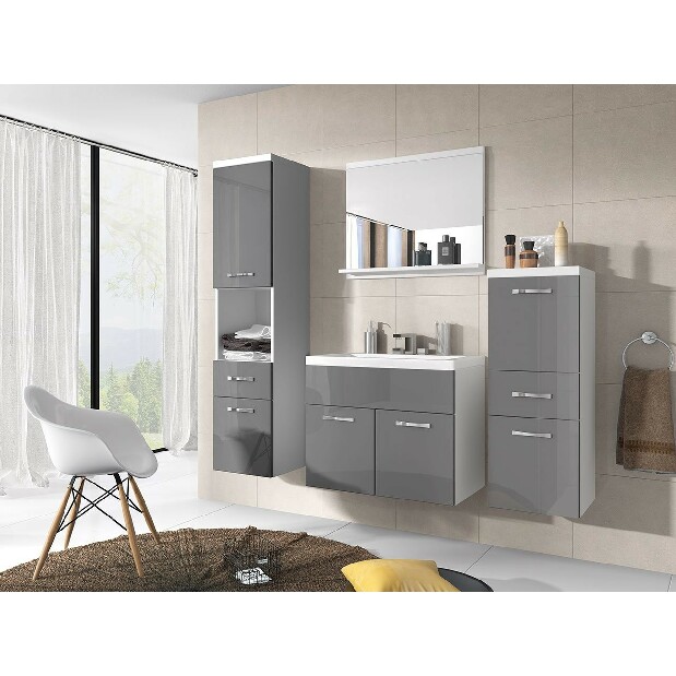 Koupelnový nábytek Lunara (bílá + šedý lesk) (se sifonem, bez baterie)