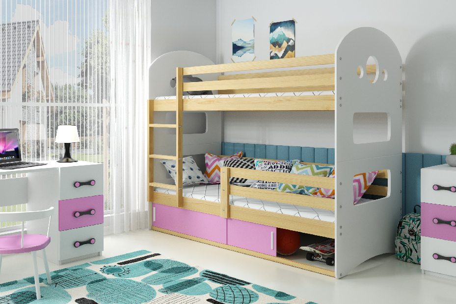 Patrová postel 80 x 190 cm Domur (borovice + růžová) (s rošty, matracemi a úl. prostorem)