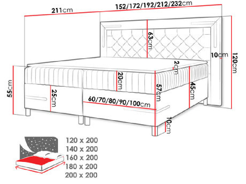 Manželská postel 200cm Simak LED (světlobéžová)