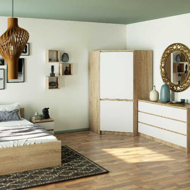 Rohová šatní skříň Sumergible (dub sonoma + bílá)