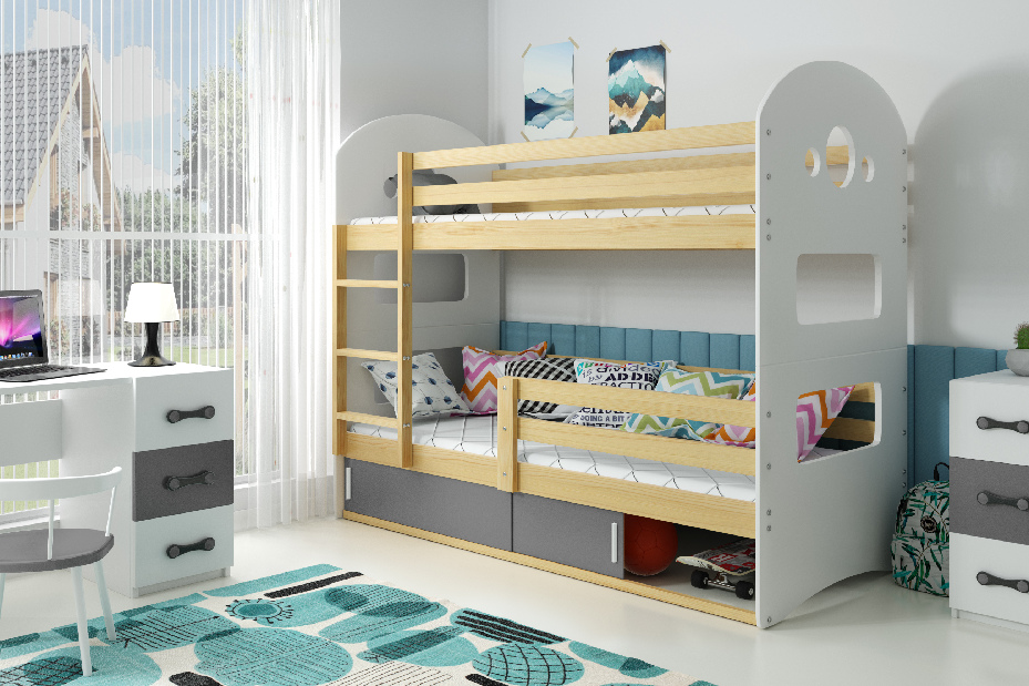 Patrová postel 80 x 160 cm Domur (borovice + grafit) (s rošty, matracemi a úl. prostorem)