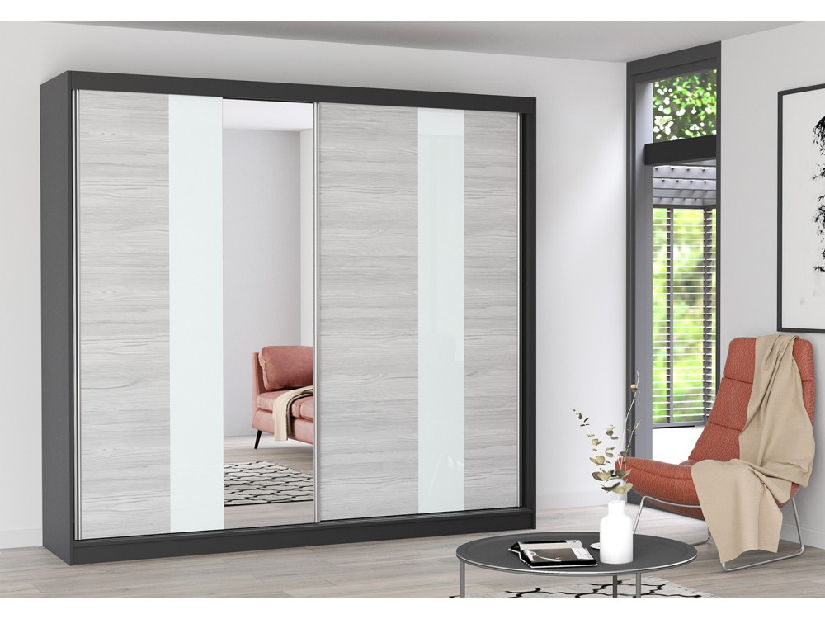 Šatní skříň Mebur 32 230 (černá + kathult + bílé sklo + zrcadlo)