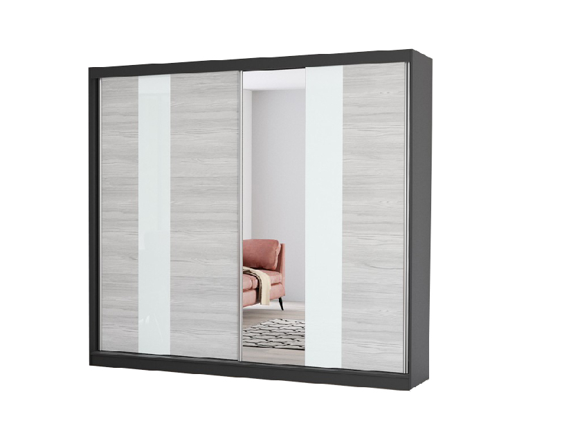 Šatní skříň Mebur 32 230 (černá + kathult + bílé sklo + zrcadlo)