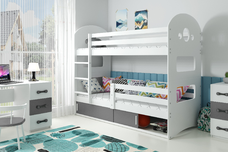 Patrová postel 80 x 160 cm Domur (bílá + grafit) (s rošty, matracemi a úl. prostorem)