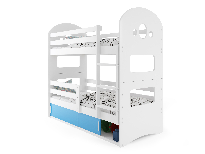 Patrová postel 80 x 190 cm Domur (bílá + modrá) (s rošty, matracemi a úl. prostorem)