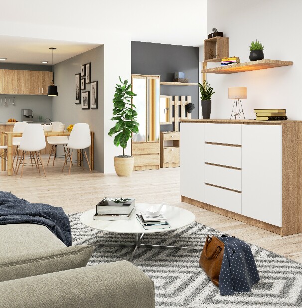 Komoda Kurtinaitis 2D 4SZ (dub sonoma + bílá)