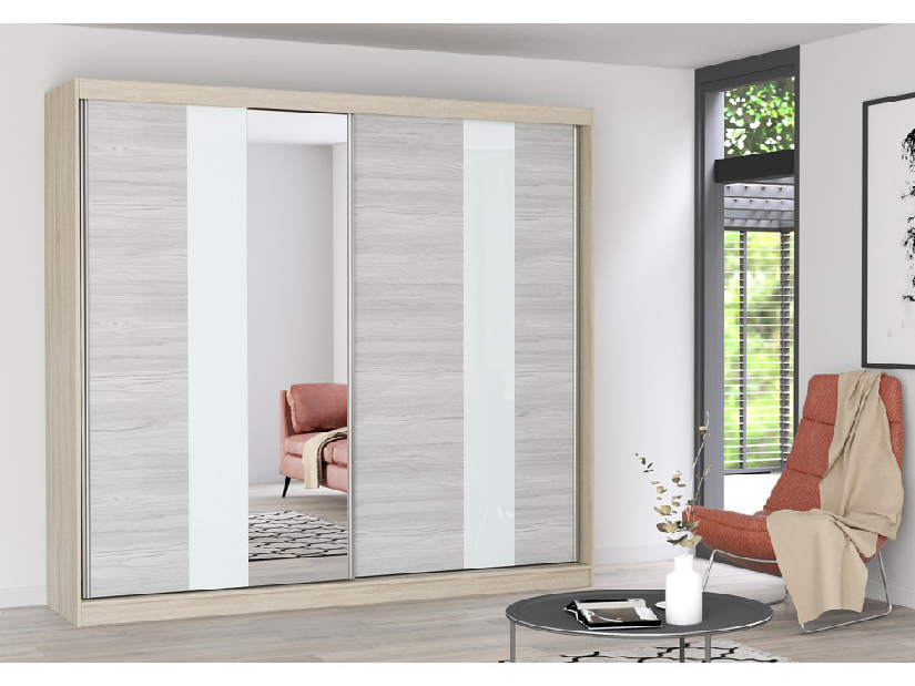 Šatní skříň Mebur 32 230 (dub sonoma + kathult + bílé sklo + zrcadlo)