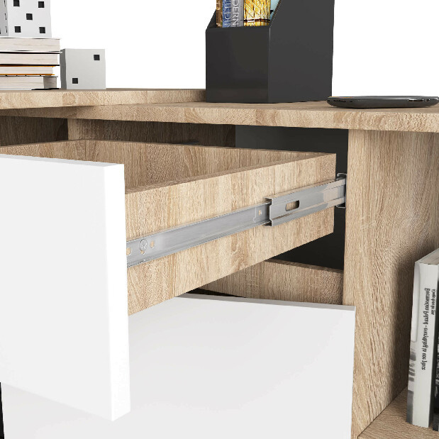Rohový PC stolek Cuidar (dub sonoma + bílá)