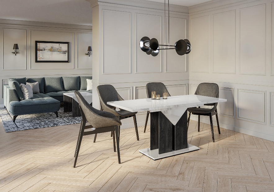 Jídelní stůl Tarni (lesk bílý + tmavě šedá) (pro 4 až 6 osob)